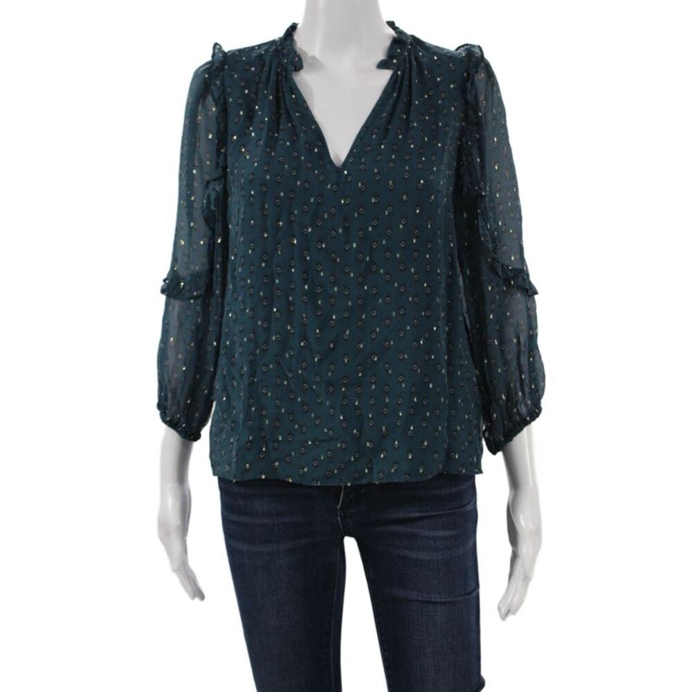 Caballero Collection Women Tunic Green V-Neck Geometric 3/4 Sleeve Size XS